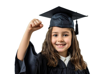The young girl holds her fist up. Smiling. graduation clothes. white background isolated PNG