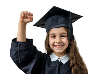The young girl holds her fist up. Smiling. graduation clothes. white background isolated PNG