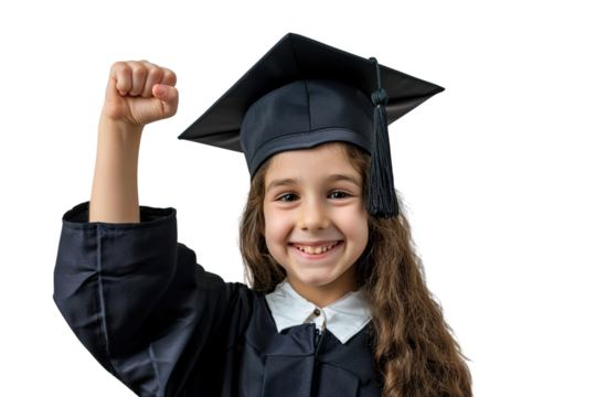 The young girl holds her fist up. Smiling. graduation clothes. white background isolated PNG - Powered by Adobe