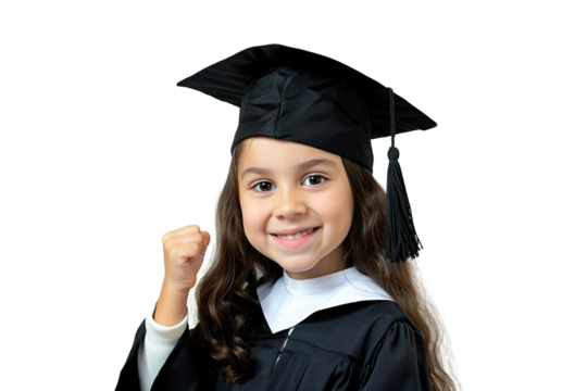 The young girl holds her fist up. Smiling. graduation clothes. white background isolated PNG