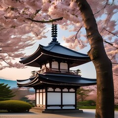 A traditional Japanese pagoda nestled among cherry blossom trees2