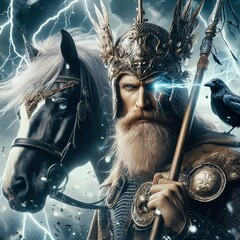 The great Nordic one-eyed god Odin with his ravens Huginn&Muninn. Sleipnir. God of wisdom, healing, death, battle and knowledge. Ancient Norse mythology. Scandinavian. Germanic paganism. Generative AI