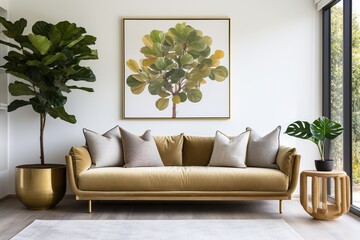 Modern living room interior with mustard yellow velvet sofa and botanical art