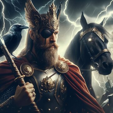The great Nordic one-eyed god Odin with his ravens Huginn&Muninn. Sleipnir. God of wisdom, healing, death, battle and knowledge. Ancient Norse mythology. Scandinavian. Germanic paganism. Generative AI