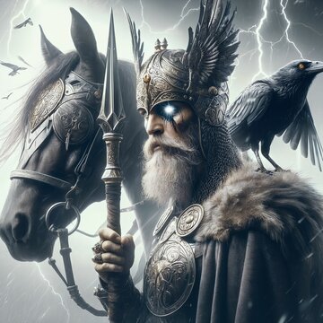 The great Nordic one-eyed god Odin with his ravens Huginn&Muninn. Sleipnir. God of wisdom, healing, death, battle and knowledge. Ancient Norse mythology. Scandinavian. Germanic paganism. Generative AI