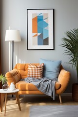 Modern living room interior with orange armchair and geometric artwork