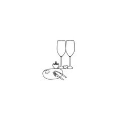Continuous Line Drawing romantic dinner set. Plate, fork, knife and two glass. Menu food design. Illustration Icon Vector