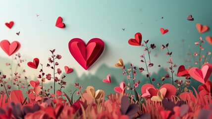 Heart and Flower Field Valentine's Day Wallpaper. Generative AI Illustration.