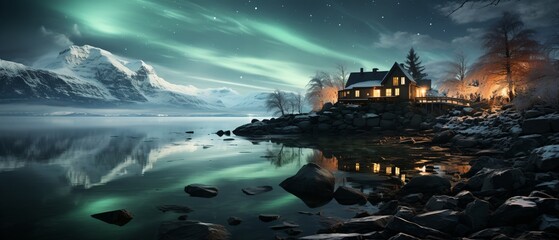 Aurora borealis over a snowy landscape with a house near a lake - obrazy, fototapety, plakaty