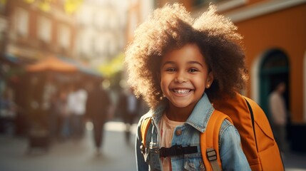 Happy School Girl with Curly Hair and Backpack - obrazy, fototapety, plakaty