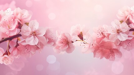 Horizontal banner with pink cherry blossoms on bright background. Beautiful nature spring background with cherry blossom branch. Copy space for text - generative ai