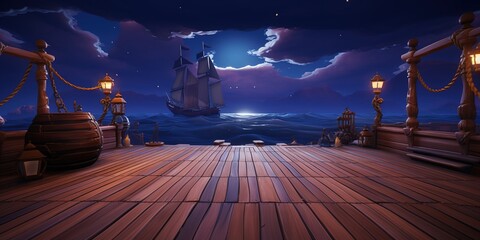 A wooden dock with a view of the ocean at night