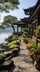 Fototapeta premium oriental lake house with stone path and lush greenery