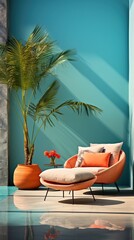 Obraz premium Blue wall with orange lounge chair and potted palm tree