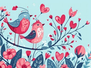 Whimsical Lovebirds with Valentine's Floral Hearts Wallpaper. Generative AI Illustration.