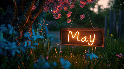 May sign written in neon sign letters for the month of may. Outdoor nighttime spring scene - obrazy, fototapety, plakaty
