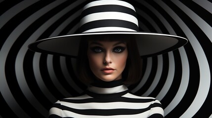 Black and white portrait of a woman wearing a striped hat and shirt