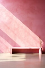 Pink minimalist room with vase and bench