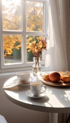 Elegant indoor dining table with white ceramic cups and plates by the window