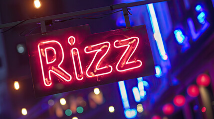 Rizz written in illuminated neon lights sign. Gen Z slang for charisma