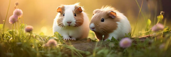 Two cute white and orange guinea pigs are sitting in the grass among flowers, a banner, a place for text. - obrazy, fototapety, plakaty