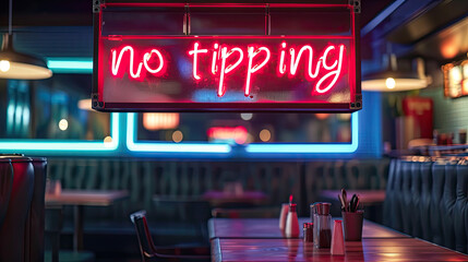 No tipping neon sign, at a restaurant or bar. Concept for end tipping gratuity culture  - obrazy, fototapety, plakaty