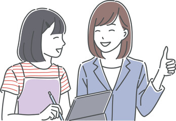 勉強をする女の子と勉強を教える女性教師のイラスト素材