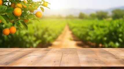 Rustic Wooden Table Overlooking Vibrant Orange Orchard