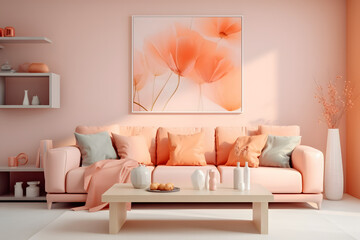 Modern living room interior of the room in peach fuzz colors. The design of a spacious bright house in a velvety delicate shade of peach tone.