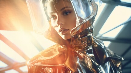 portrait of a young blonde woman wearing a futuristic silver outfit - obrazy, fototapety, plakaty