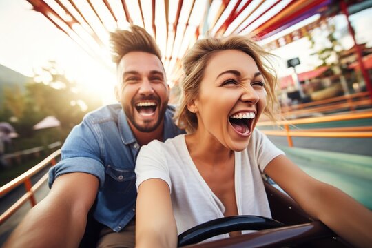 Couple laughing while riding a roller coaster