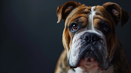 Obraz premium Close-up portrait of cool looking bulldog dog isolated on dark background with copy space.