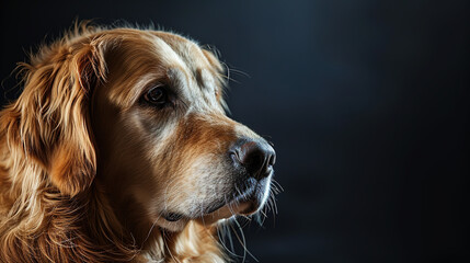 Close-up portrait of cool looking golden retriever dog isolated on dark background with copy space.