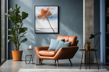Modern living room interior with brown leather armchair and blue wall