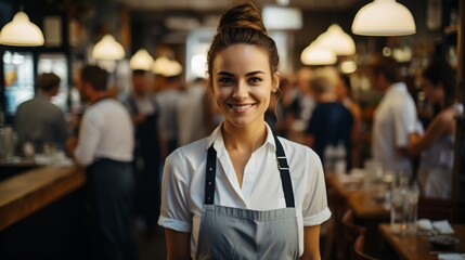 Portrait of a smiling waitress in a busy restaurant - obrazy, fototapety, plakaty