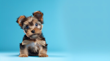 Adorable yorkshire terrier puppy with curious questioning face isolated on light blue background with copy space.