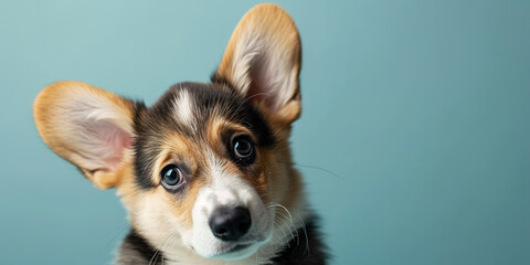 Adorable corgi puppy with curious questioning face isolated on light blue background with copy space. - obrazy, fototapety, plakaty