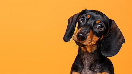 Adorable dachshund puppy with curious questioning face isolated on light orange background with copy space.
