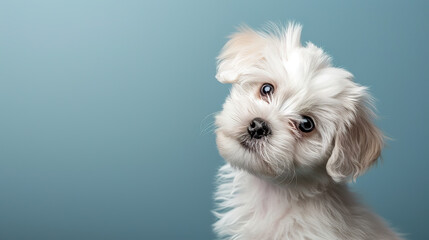 Adorable maltese puppy with curious questioning face isolated on light blue background with copy space. - obrazy, fototapety, plakaty