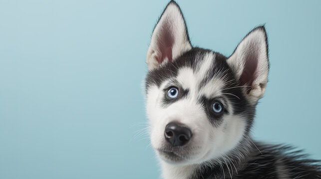 Adorable siberian husky puppy with curious questioning face isolated on light blue background with copy space.