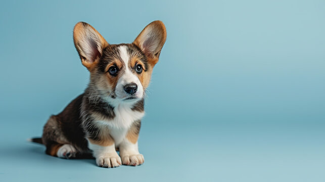 Adorable corgi puppy with curious questioning face isolated on light blue background with copy space.