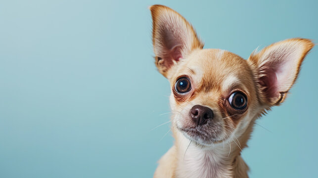 Adorable chihuahua puppy with curious questioning face isolated on light blue background with copy space.