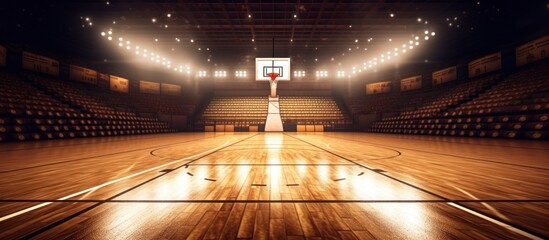 Illuminated basketball playground with brown pavement, modern and luxurious new basketball net and lens flare - obrazy, fototapety, plakaty