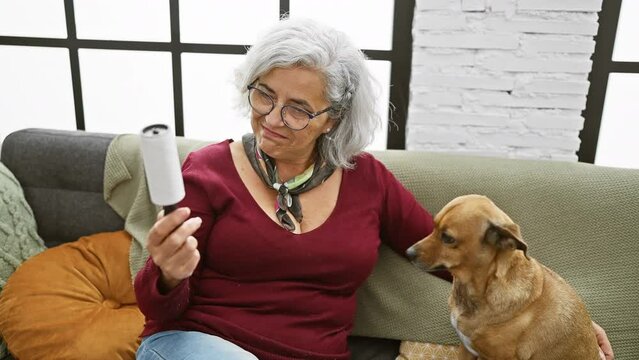 Grey-haired woman using a lint roller while sitting with her dog on a couch indoors