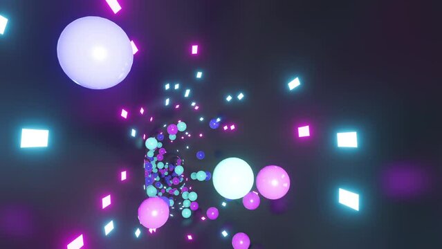 Animated colorful balls move in a disco-style tunnel with neon light in video animation footage