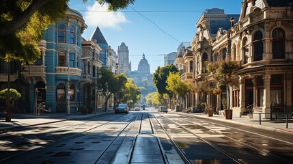 Urban city street with cable car tracks and colorful buildings - obrazy, fototapety, plakaty