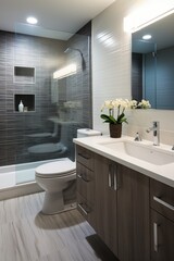 Modern bathroom interior with dark tiled shower and vanity