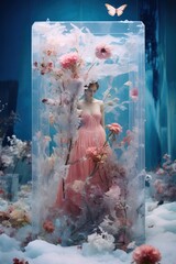 woman in a pink dress standing in a frozen flower garden