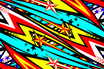 vector abstract racing background design with a unique striped pattern and a combination of bright colors and star effects that looks complicated