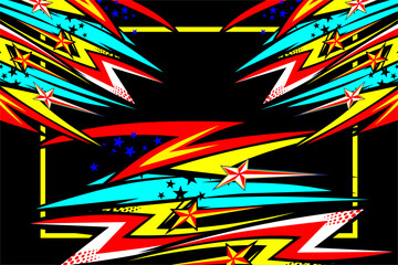 abstract racing vector background design with a unique striped pattern and a combination of bright colors and star effects on a black background
